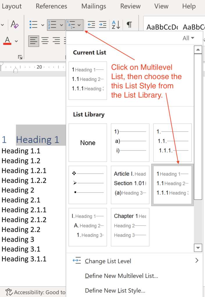 Word Multilevel List Example